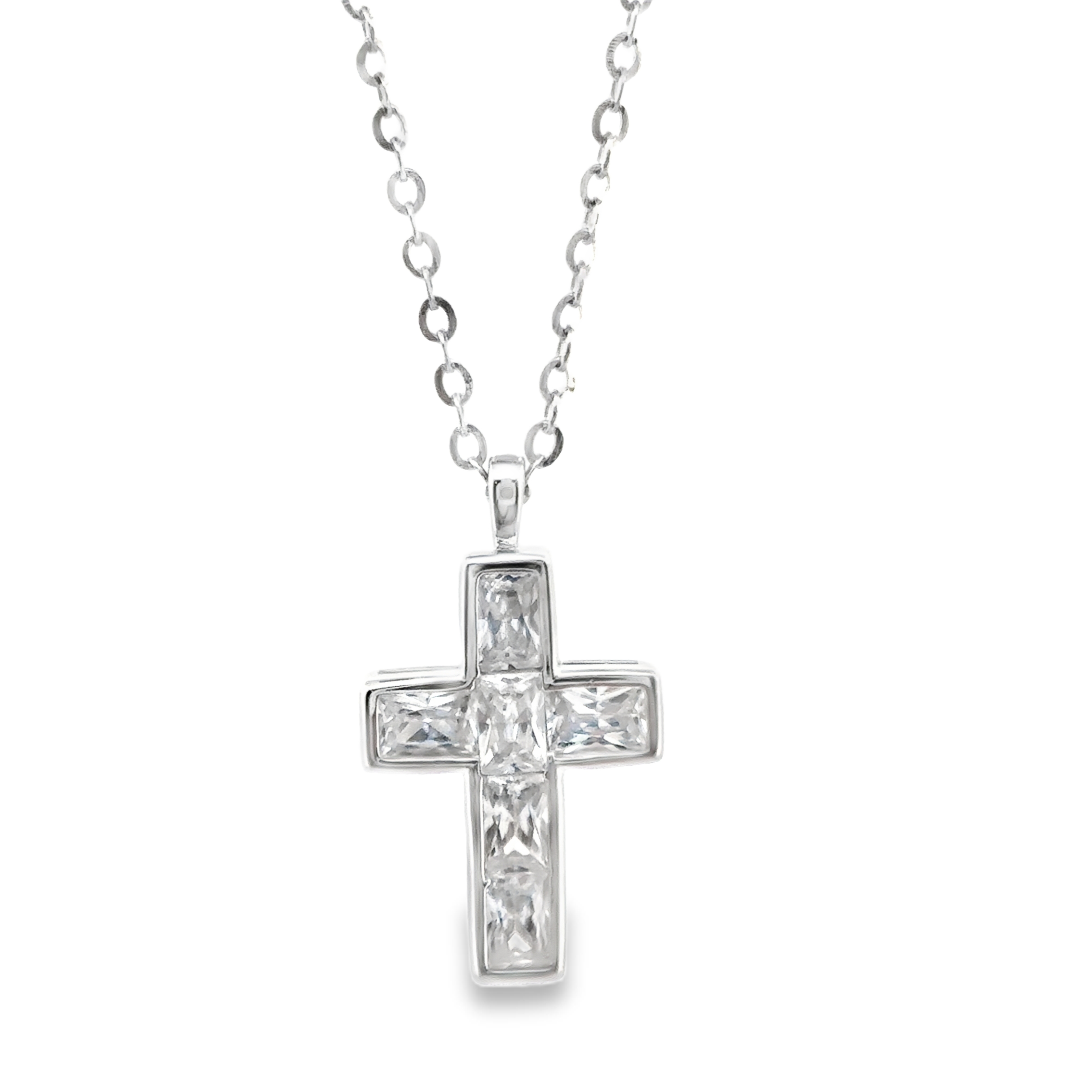 Channel Setting Cross Pendant Necklace in Silver