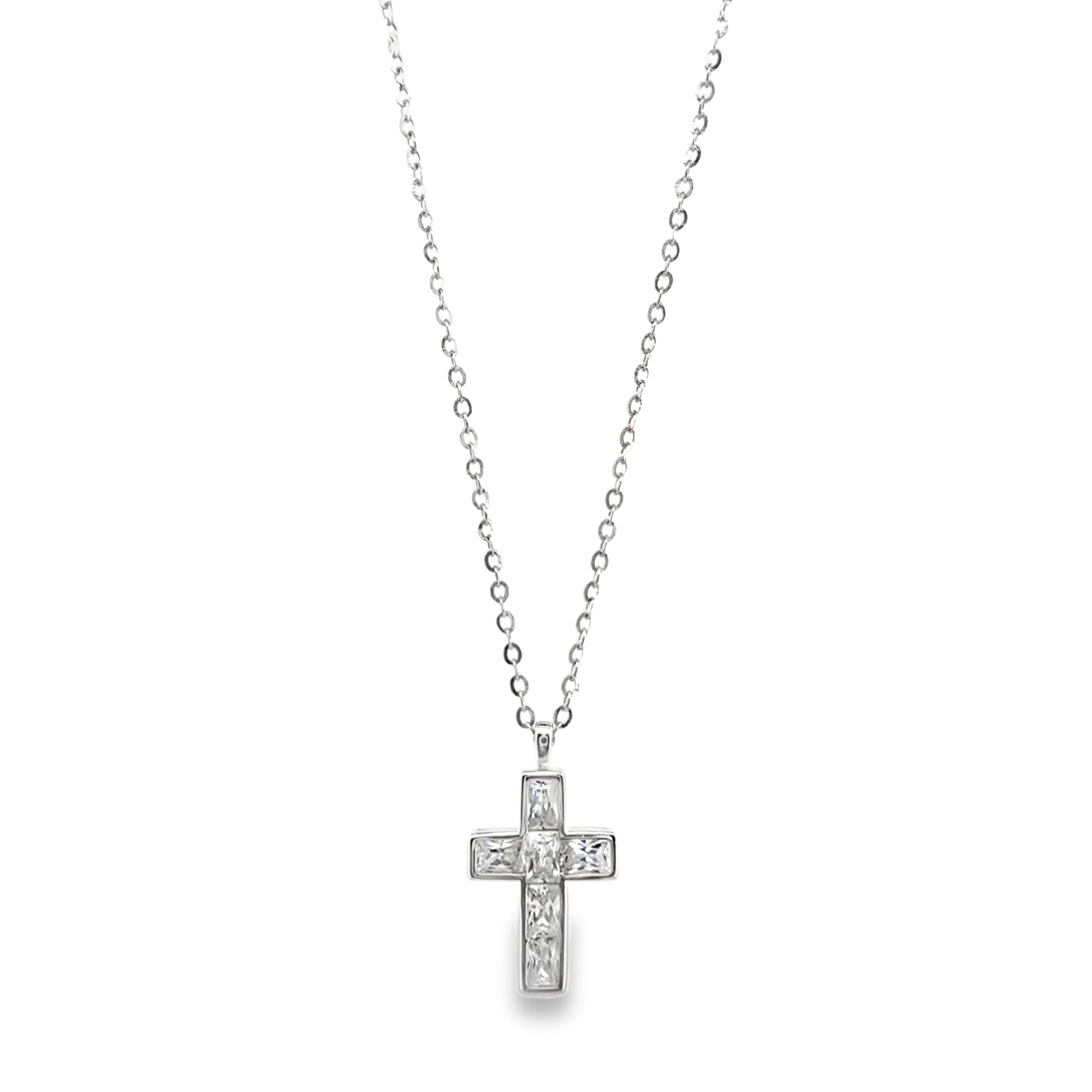 Channel Setting Cross Pendant Necklace in Silver