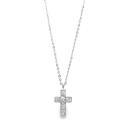 Channel Setting Cross Pendant Necklace in Silver