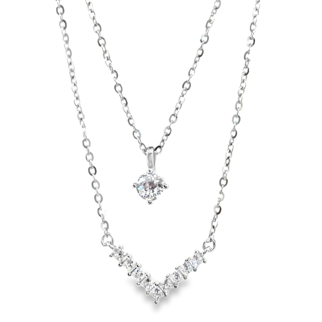 Layered Gemstone Pendant Necklace in Silver