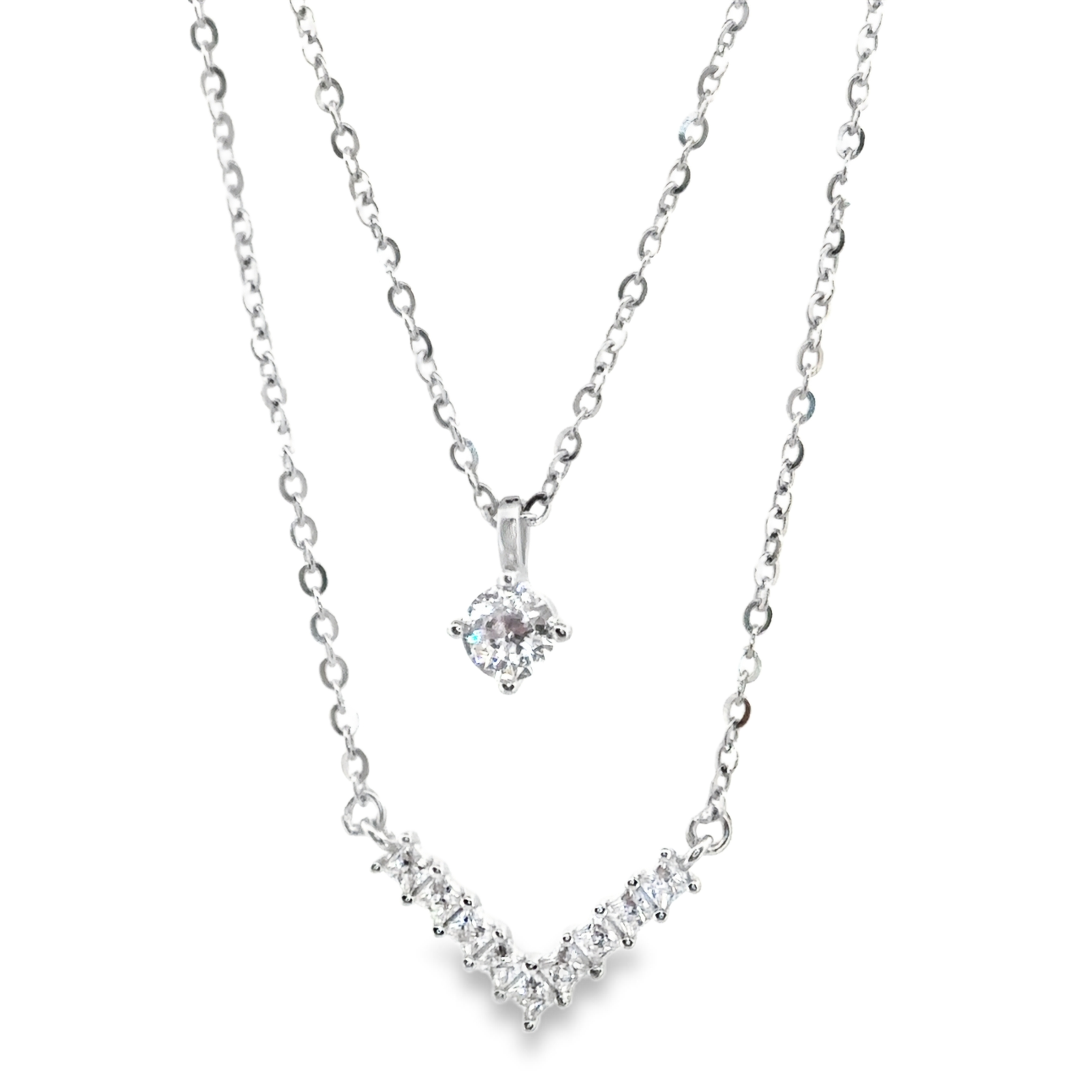 Layered Gemstone Pendant Necklace in Silver